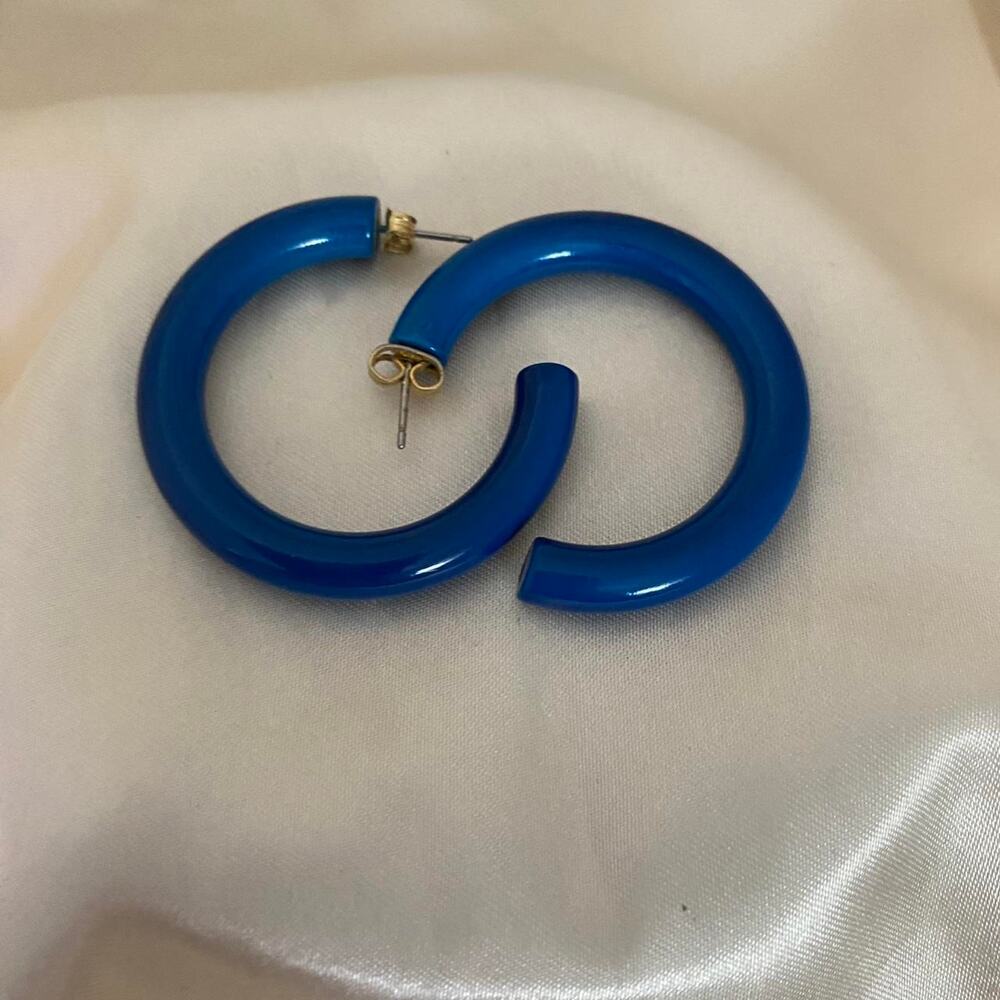 Vintage 80s Cobalt Blue Lucite Hoop Earrings Chunky Glass Like Statement Hoops